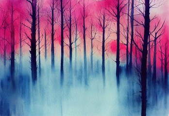 Enchanting misty twilight blue forest glade with captivating pretty pink leaves and tall trees, beauty of nature in spring season, charming watercolor like art.