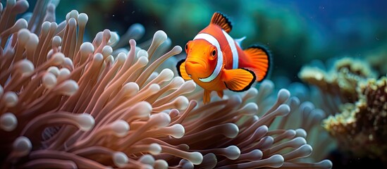 Fototapeta na wymiar The Coral Triangle s heart Raja Ampat is home to many diverse marine species like the Spinecheek anemonefish swimming in its host anemone With copyspace for text