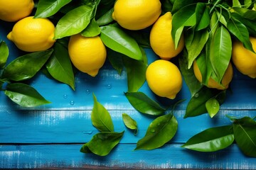 Abundance of Fresh Lemons and Leaves on Rustic Wooden Table