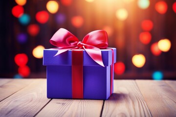 Unpacking a Heartfelt Surprise: Blue and Purple Gift Box with a Red Cloth Heart on Bright Wooden Background