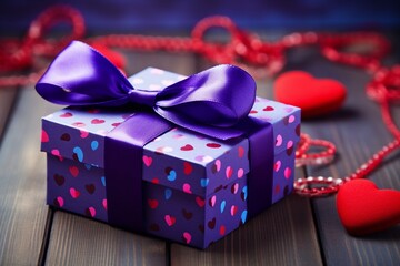 Unpacking a Heartfelt Surprise: Blue and Purple Gift Box with a Red Cloth Heart on Bright Wooden Background - obrazy, fototapety, plakaty