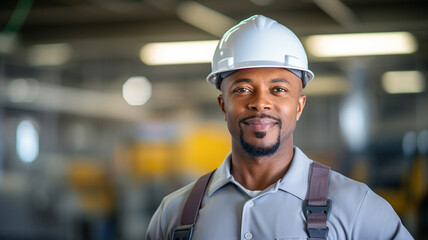 Portrait of smiling african american professional heavy industry engineer. Worker wearing safety uniform and hard hat.
