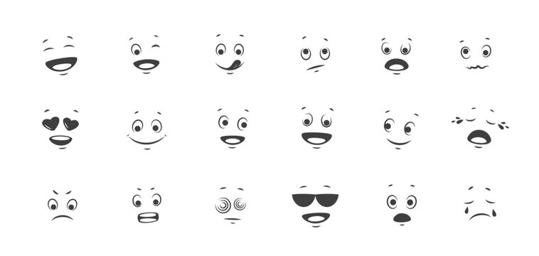 Cartoon faces with different expressions. Happy, smiling, sad, surprised, in love face. Emoji with different emotion mood. Showing eyes and mouth. Black and white vector illustration. 
