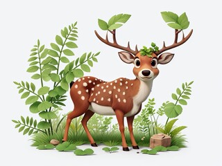 Free Whimsical Adorable Deer and Baby Cartoon in Greenery, Generative AI