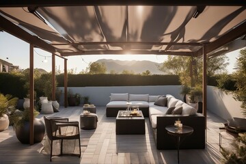 Modern patio furniture include a pergola shade structure an awning a patio roof a dining table seat - obrazy, fototapety, plakaty