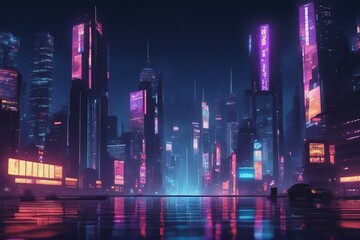 Pixel Art Illustration of a Cyberpunk Cityscape at Night with Skyscrapers Neon Lights Billboards