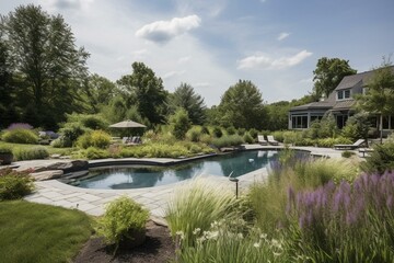 Fototapeta na wymiar Landscaped pool with paver patios, gardens, and lawn. Generative AI
