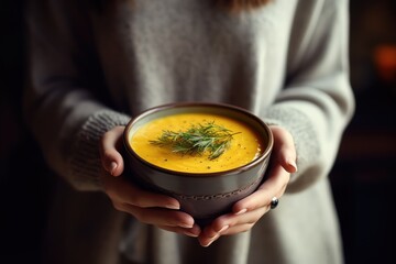 Overhead view of a woman's hands holding a bowl of red kuri squash soup