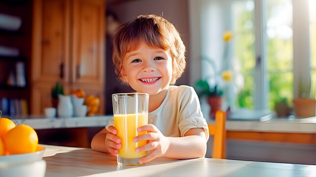 A blond boy drinking a glass of orange juice. Concept of child nutrition and healthy food.
