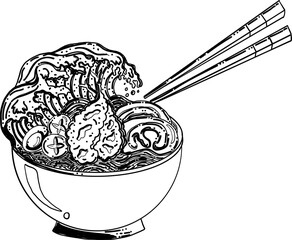Japanese ramen vector for elements on menu in restaurant.Bowl noodles and chopsticks sketch. Asian food. Chinese, Korean, Japanese cuisine. Hand drawn vector illustration.Traditional Japanese ramen.