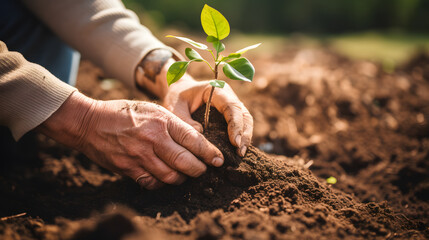 Photograph a person planting a tree sapling, symbolizing a commitment to a greener future and environmental stewardship. Convey the idea of long-term impact and sustainability.