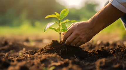 Photograph a person planting a tree sapling, symbolizing a commitment to a greener future and environmental stewardship. Convey the idea of long-term impact and sustainability. - obrazy, fototapety, plakaty