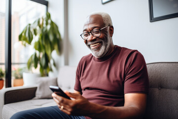 Portrait of a relaxed senior man laughing while using his smartphone at home. Modern lifestyle of the elderly people.  - obrazy, fototapety, plakaty