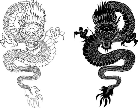 Japanese red dragon tattoo.Dragon on red background for Chinese New Year.Gold Chinese Dragon vector.Gold line art King Dragon tattoo.cartoon vector for t-shirt.