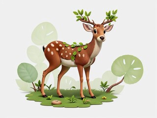 Free Whimsical Adorable Deer and Baby Cartoon in Greenery, Generative AI