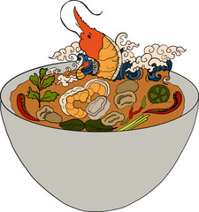 Tomyumkung vector illustrations for menu in restaurant.Thai food vector for printing on T-shirt and sticker.Traditional Thai culture for painting in white background. Traditional Thai food.