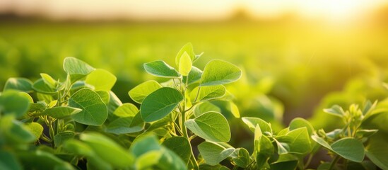 Soybean plant in cultivated field protection of crops With copyspace for text