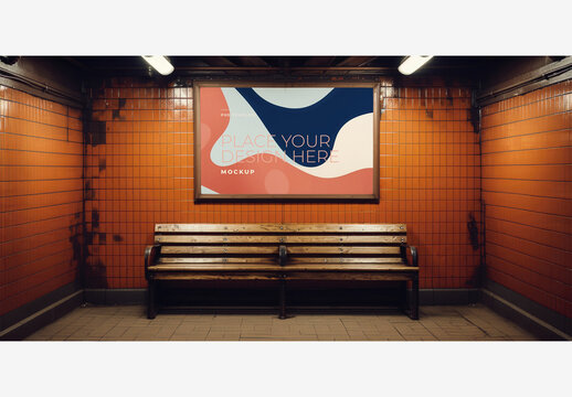 Frame Poster Billboard Mockup: Subway Station Bench with Blank Board, Ceiling Lights, Window, and White Board