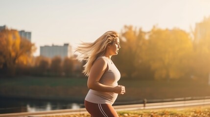 Young Caucasian plump woman jogging through the empty city streets. Weight loss running workout. A morning boost of energy on the way to your goal. Active and healthy lifestyle. - obrazy, fototapety, plakaty