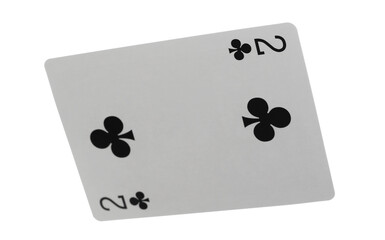 Flying playing card for poker and gambling, two club isolated on white, clipping path
