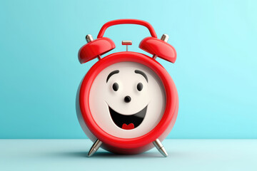 An old-fashioned alarm clock with a character mascot, set to ring loudly in the early morning hours, serving as a charming and urgent wake-up reminder. - obrazy, fototapety, plakaty
