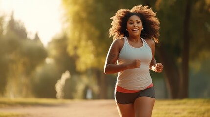 Young African American plump woman jogging through the city park. Weight loss running workout. A morning boost of energy on the way to your goal. Active and healthy lifestyle. - obrazy, fototapety, plakaty