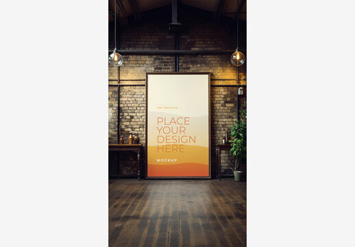 Large White Board with Wooden Floor, Brick Wall, and Plant - Frame Poster Billboard Mockup with Lamp, Window, and Potted Plant