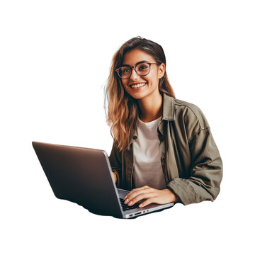 Young business woman working in front of a laptop with a smile
