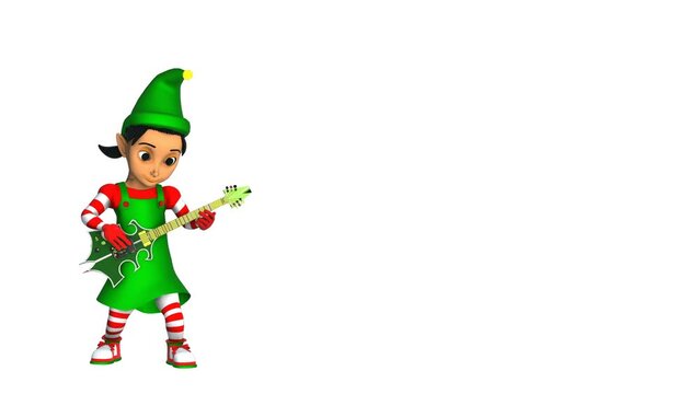 Cute elf girl playing rock guitar isolated on a white background. Seamless funny Christmas animation with copy space