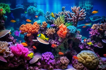 Naklejka na ściany i meble Vibrant marine aquarium showcasing stunning corals and reefs in deep ocean water. Generative AI