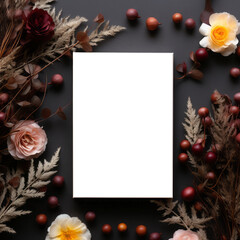 Autumn background with dried flowers, leaves and blank sheet of paper