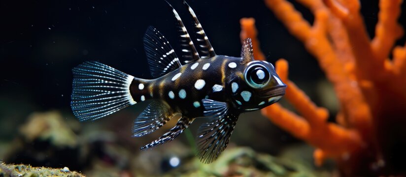 The Banggai Cardinalfish is found at a coral reef in Lembeh North Sulawesi Indonesia in Asia With copyspace for text