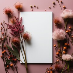 Autumn background with dried flowers, leaves and blank sheet of paper