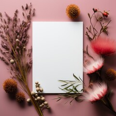 Autumn background with dried flowers, leaves and blank sheet of paper