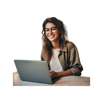 A student wearing glasses is sitting and working in front of a laptop with a bright smile.