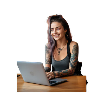 female student with tattoo Sitting and working in front of a notebook, full body. No shadows, highest details, sharpness throughout the image, highest resolution, lifelike, white background die-cut --