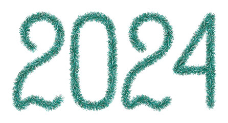Tinsel. 2024. Lettering from a festive Christmas decoration. Fluffy numbers. Green color. Vector illustration. Isolated background. Cute plush message. The coming year. Rustling lettering. 