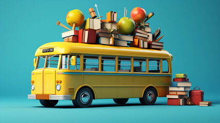 School bus with school accessories and books,Illustration