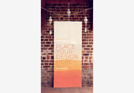 Brick Wall Frame Poster Billboard Mockup with Hanging Paper and Lights - High Quality Stock Image for Adobe Stock, IStock, Shutterstock