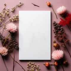 Autumn background with dried flowers, leaves and blank sheet of paper