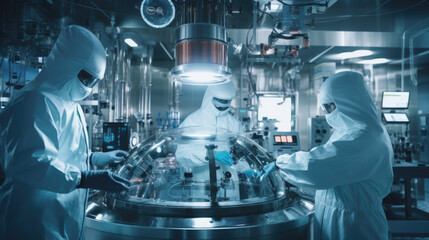 Scientists in Hazmat Sterile Suits Walking Through Technologically Advanced Factory/ Laboratory. Clean High-Tech Environment with CNC Machinery. - obrazy, fototapety, plakaty
