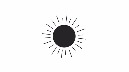 Sun shape with sunbeams bw outline 2D object animation. Hot summer deals. Burst of rays monochrome linear cartoon 4K video. Sunbathing. Round starburst animated element isolated on white background