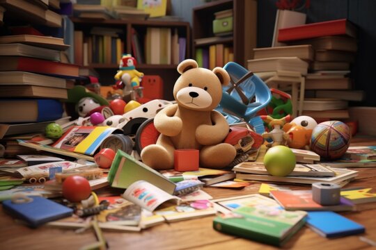 A cute teddy bear sitting on top of a pile of books. Perfect for educational and children-themed projects.