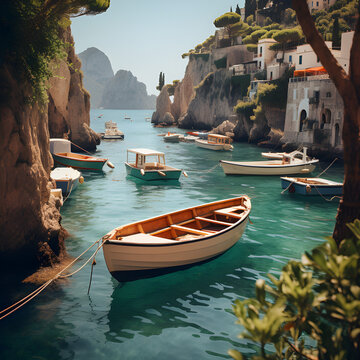 Island view Mediterranean Coast, boats in the barbor landscape, like a paiting.