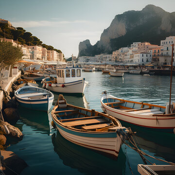 Island view Mediterranean Coast, boats in the barbor landscape, like a paiting.