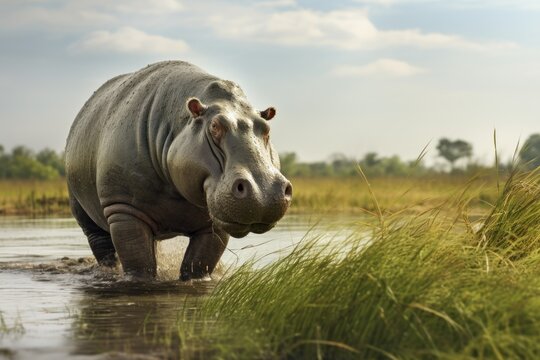 A hippo standing in a body of water. This image can be used to depict wildlife, nature, or animal habitats.