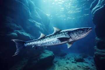A fish is swimming in the water near rocks. This image can be used to depict aquatic life or nature...