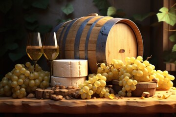 A barrel of wine, cheese, and grapes placed on a table. Perfect for food and drink related projects.