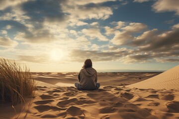 A person sitting in the sand, gazing at the sun. This image can be used to portray relaxation, mindfulness, and enjoying nature's beauty.