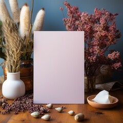 Autumn background with dried flowers, leaves and blank sheet of paper